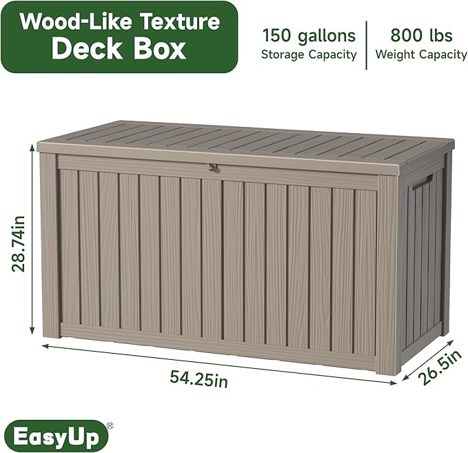EasyUp 150 Gallon Outdoor Storage Box Waterproof, UV Resistant Resin Deck Box with Hydraulic Rod, Reinforced Stability for Patio, Garden, and Pool, Striped Gray
