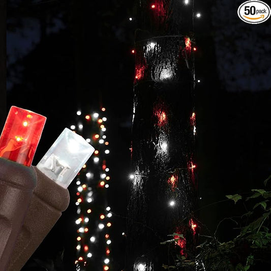 Wintergreen Lighting 50 Red-Cool White StretchNet Pro Expandable Christmas Net Lights for Medium Trees, LED Tree Wrap Lights - 20 x 45 Stretchable Net - Brown Wire Tree Net Lights