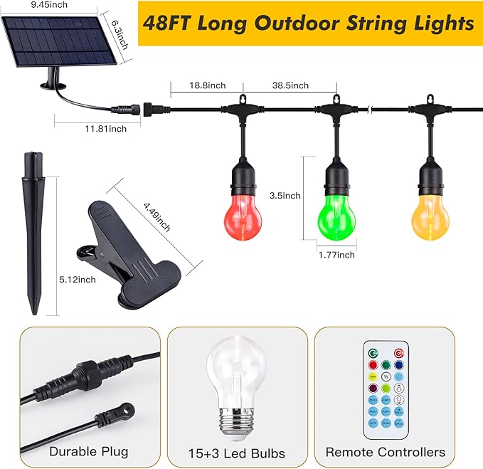 Auroraworld 48FT Solar RGB Outdoor String Lights, Dimmable Waterproof LED Patio Lights with Remote, 15 Shatterproof Edison Bulbs for Cafe Yard Garden Party Decor