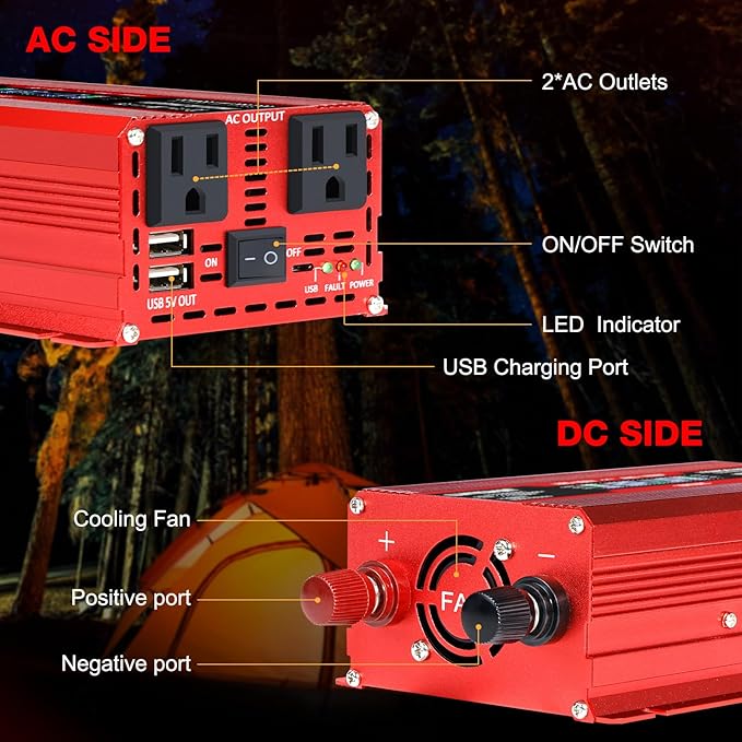 LVYUAN 1000W Car Power Inverter 12V to 110V / 120V DC to AC with 2 US Sockets, Cigarette Lighter, LCD Display, USB Ports for Car, Home, Outdoor, Camping