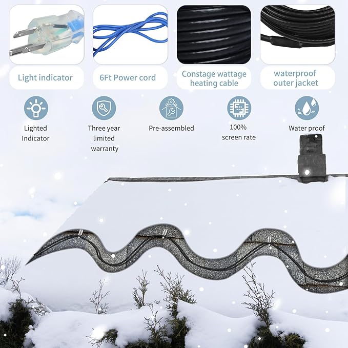 120ft Metal Roof Heat Cable Clips Ready, 5w/ft Constant Wattage, CSA ETL Certified, Effective for Roof and Gutter Ice Prevention, 120V