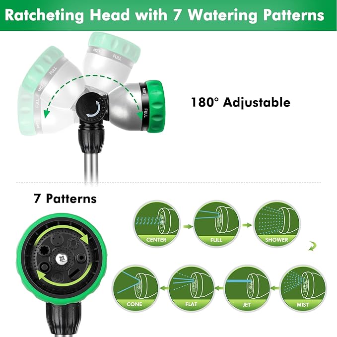 RESTMO Metal Watering Wand, Heavy Duty Garden Hose Wand with 180° Swivel Ratcheting Head, 16-Inch Hose Nozzle Sprayer with 7 Spray Patterns and Flow Control, Ideal to Water Hanging Baskets and Shrubs