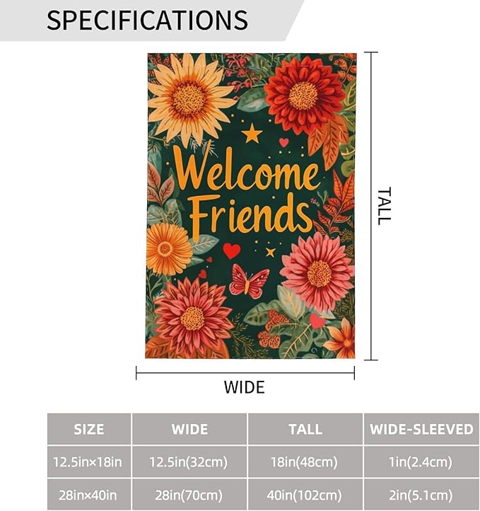 Welcome Friend Garden Flag Vertical Double Sided Outdoor Yard Flags 12.5x18 Inch Burlap Banners for House Lawn