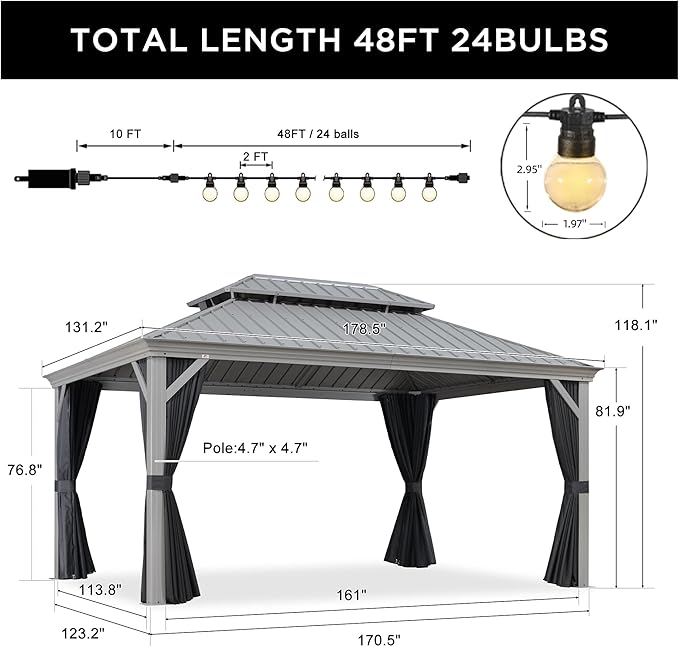 PURPLE LEAF 11' x 15' Hardtop Aluminum Gazebo with Double Metal Roof Heavy Duty Permanent Gazebo for Pool Patio Deck Lawn Garden All Weather Outdoor Pavilion Gazebos, Light Grey