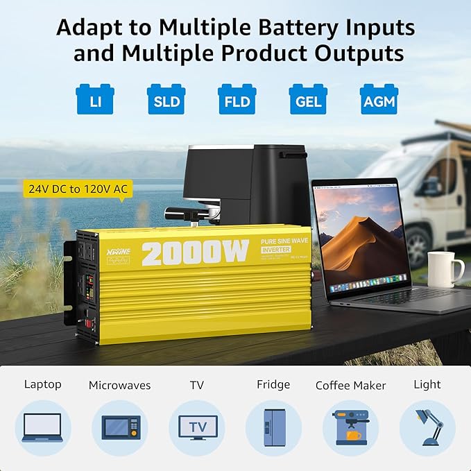 XWJNE 2000W Pure Sine Wave Power Inverter 24V DC to 120V AC Converter with LED Display and Remote Controller for Home, RV, Truck, Off-Grid Solar Power
