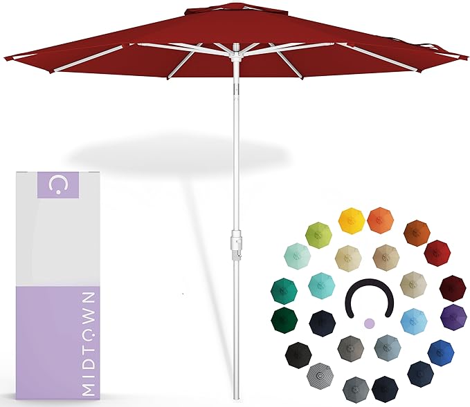 Midtown Umbrellas The Swilt 10 Feet Patio Umbrella in Sunbrella Red Acrylic Fabric - Fiberglass Ribs, Auto-Tilt Aluminum Frame For Backyard, Deck, Garden, Pool - White Pole