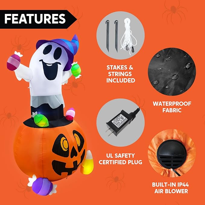 Joiedomi 5 FT Tall Halloween Inflatable Ghost Outdoor Decor, Blow Up Ghost Gripping Candy on Pumpkin with LED Lights, Halloween Yard Decoration for Garden