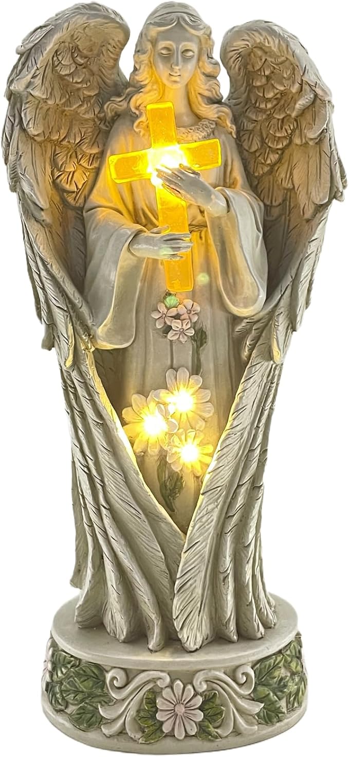 Angel Statue for Garden, Solar Angel for Cemetery Decorations, Unique Funeral Memorial Gifts, Praying Angel Cross Memorial Statue