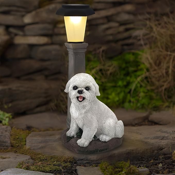 Solar Dog Garden Statues with Lantern, Resin Bichon Dog Sculpture with Warm White Light for Outside Lawn Porch Patio