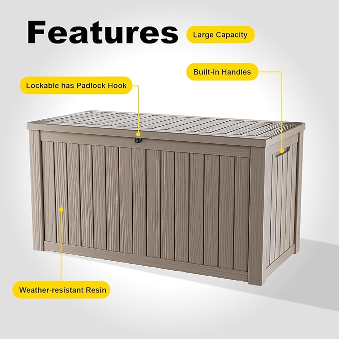 Vixzen 180 Gallon Resin Deck Box, Lockable Outdoor Storage Box for Patio Cushions Storage Furniture,Garden Tools, Pool Supplies, Weatherproof and UV Resistant- Light Brown