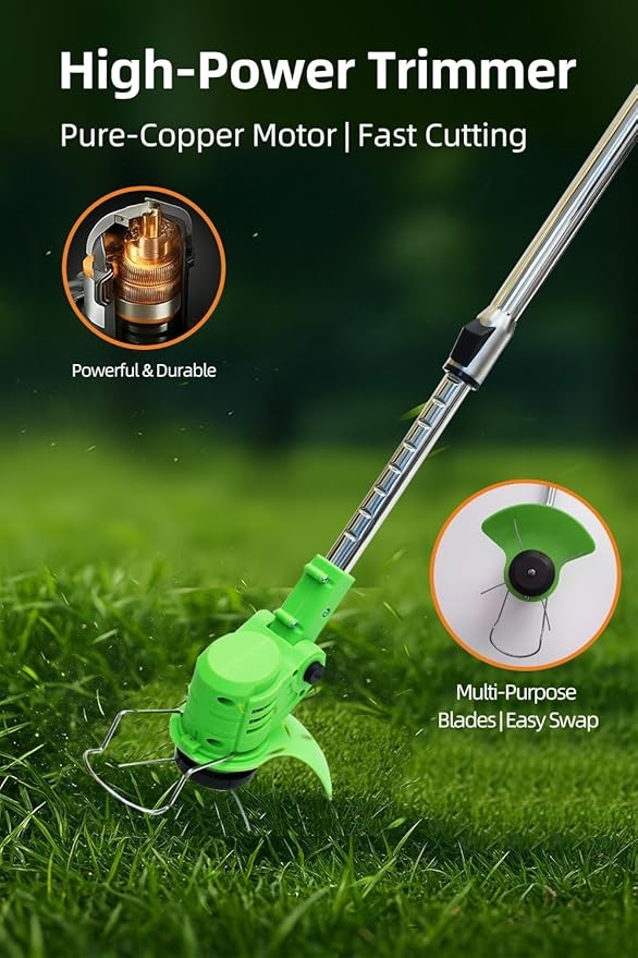 Cordless String Trimmer, Weed Wacker, Nylon Trimmer Head as Its Core Cutting Accessory, Telescopic Shaft and Foldable, 2 x Batteries, String Trimmer Cordless for Lawn, Garden and Yard, Green