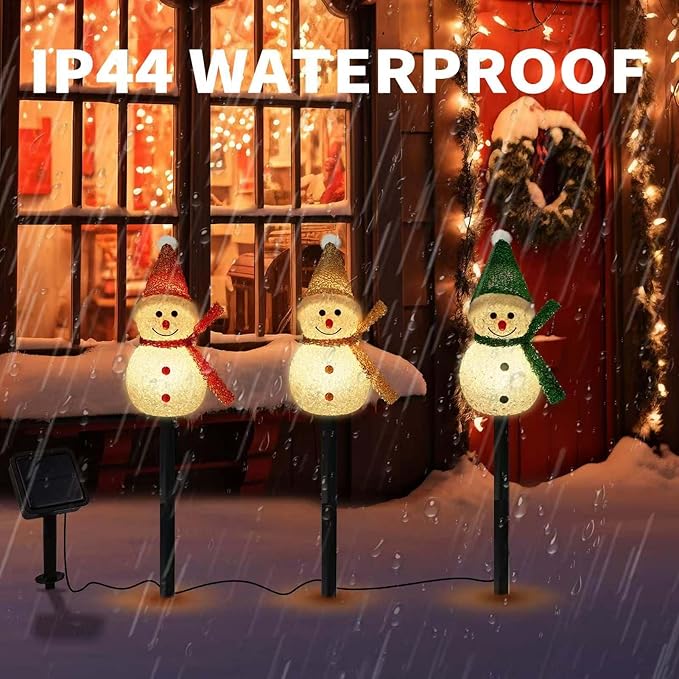 3PCS Snowman Shape Solar Christmas Lights Decorations, Solar Landscape Pathway Stakes Lights, Outdoor Christmas Lights Decor for Garden, Yard, Porch (Color Hat- Warm White)