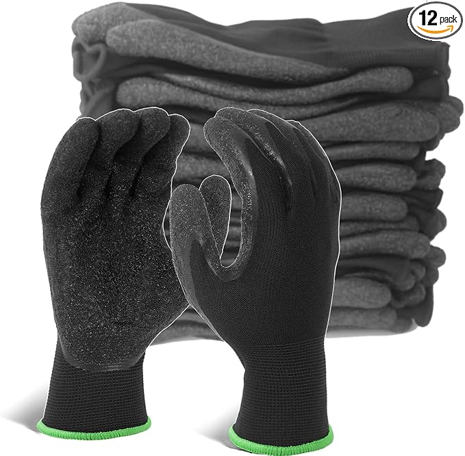 Evridwear Crinkle Latex Rubber Hand Coated Safety Work Gloves for Men Women General Multi Use Construction Warehouse Gardening Assembly Landscaping (XL-Size) 12 Pairs Pack