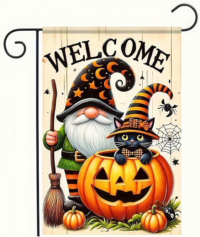 Welcome Halloween Gnome Decorative Garden Flag Halloween Black Cat Garden Flag 12x 18 Inch Double Sided Spooky Pumpkin Welcome Yard Flag Holiday Seasonal Outdoor Outside Decoration
