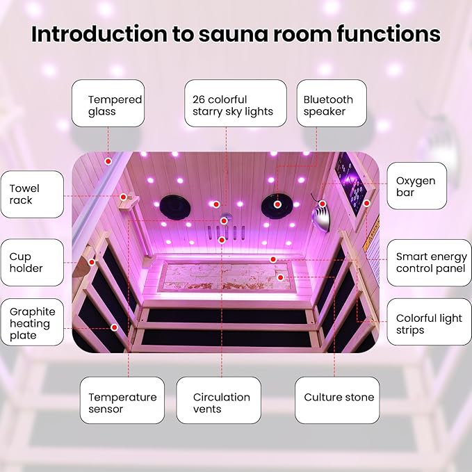 Sauna Indoor Far Infrared Saunas Home 1 Person Canadian Hemlock 1450W Low-EMF Dry Spa Sauna with Oxygen Bar, 26 Colorful Starry Sky Lights, 7 Heating Plates, Intelligent Control, Speaker - H5.9 ft