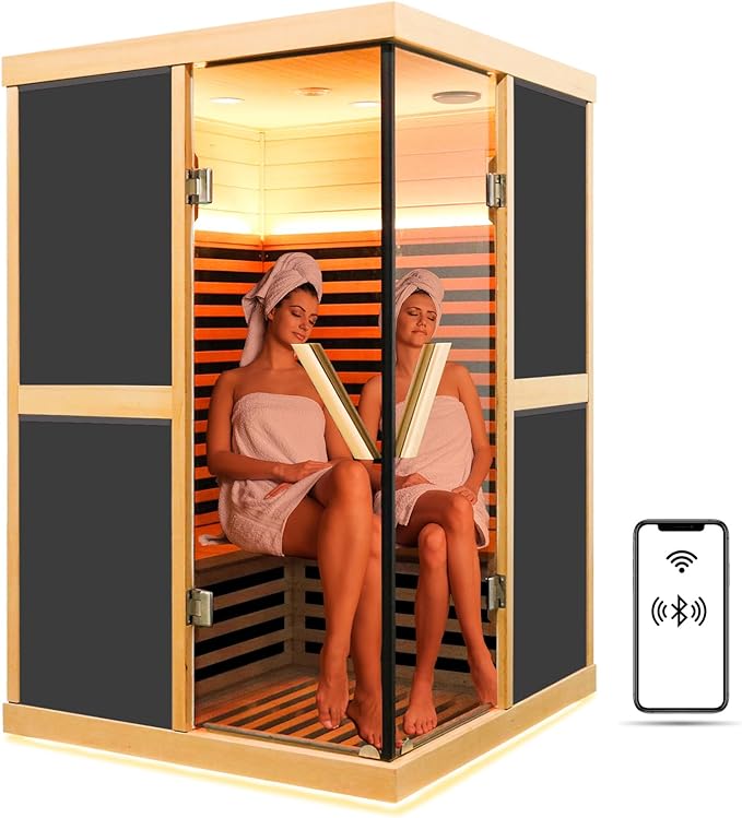 2 Person Infrared Sauna,Far Infrared Home Sauna Room,1980W Light Therapy Lamp Dry Sauna for Home,Canadian Hemlock Indoor Corner Sauna Spa with Bluetooth Speaker,for Unwell Men,Women,Elderly