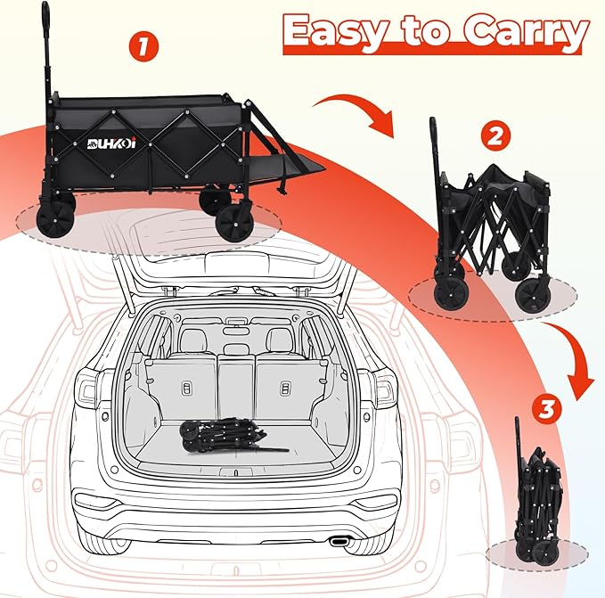 Collapsible Tailgate Wagon with Wheels, Compact Size Folding Utility Cart, 380LBS Capacity for Garden, Grocery, Beach, Camping – Portable Heavy Duty Cart(Black Gray)