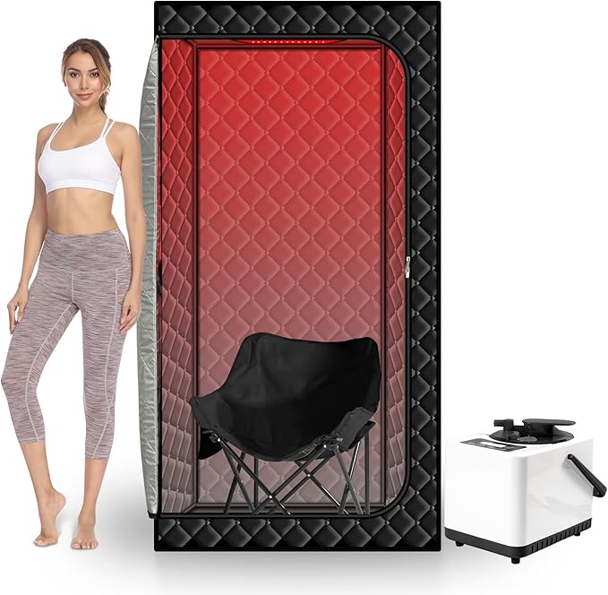 Gollense Portable Sauna for Home with 660nm Red Light Therapy Lamp, Full Body Sauna Sweat Tent with 3L 1100W Steamer, Thicken Sauna Box, Folding Chair, Adjustable Temperature, Timer Setting, Black