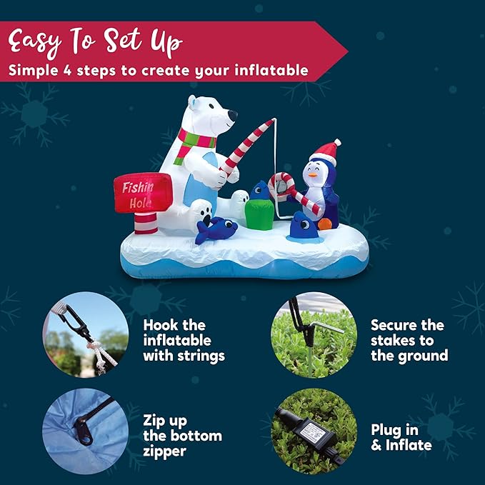 Joiedomi 6 FT Long Christmas Inflatable Penguin & Polar Bear Decoration, Blow Up Yard Decoration Fishing Hole Sign with Build-in LEDs for Christmas Party Indoor Outdoor Yard Garden Lawn Decorations