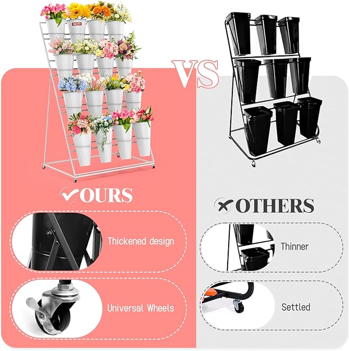 Flower Display Stand with Buckets, 4 Layers 16 PCS Buckets Plant Stand with Wheels, Movable Metal Plant Stand for Terrace Garden, Living Room, Florist Shop (White Frame - White Buckets, 4-Tier)