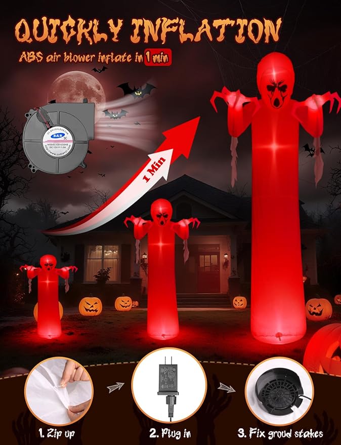 Elegear 12FT Giant Halloween Inflatable with Flowing Gauze, 7-Mode Color Changing RGB Lights, Scary White Ghost Halloween Blow Up Yard Decorations Outdoor for Lawn Garden Porch Party