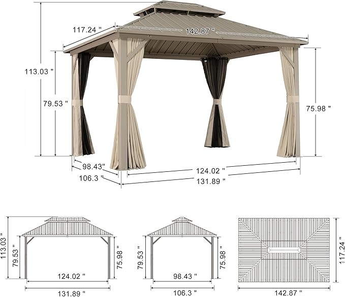 PURPLE LEAF 10' x 12' Outdoor Hardtop Gazebo, Champagne Aluminum Frame with Galvanized Steel Double Roof, Curtains and Netting for Patio Lawn and Garden