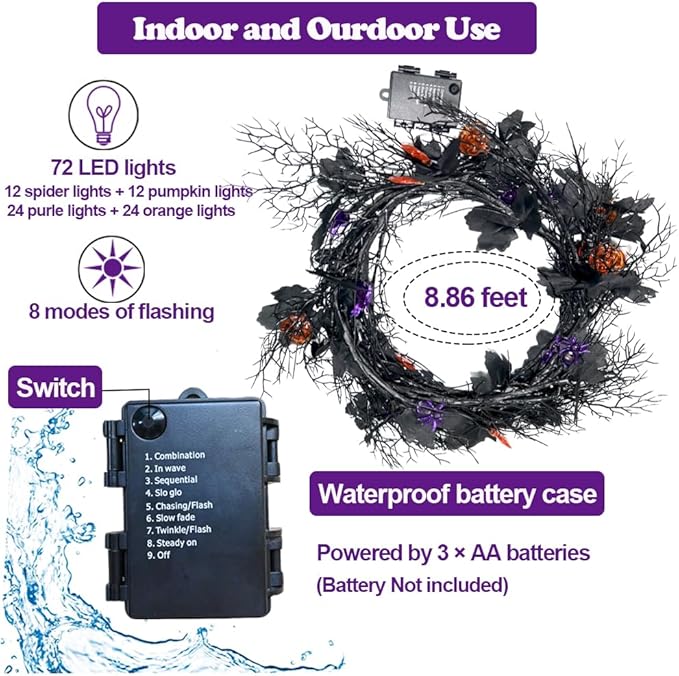 Halloween Garland with Lights 8.86FT 72LED Willow Vine Twig with Timer Black Garland Lights with Orange Pumpkins Purple Spiders and Black Leaves Dead Branches Halloween Decorations Indoor Outdoor