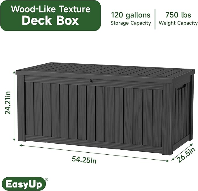 EasyUp 120 Gallon Outdoor Storage Box Waterproof, UV Resistant Resin Deck Box with Hydraulic Rod, Reinforced Stability for Patio, Garden, and Pool, Striped Black