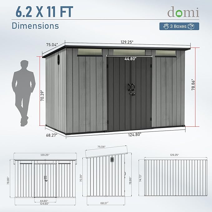Domi 6.2x11FT Outdoor Resin Storage Shed, All-Weather Double-Wall Storage Building with Sloping Roof for Backyard, Garden, Lawn Tools, Mower, Bike & Pool Equipment, Lockable Doors, Ventilated Roof