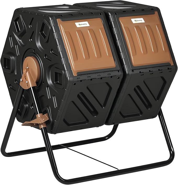 Outsunny Dual Chamber Compost Tumbler Bin, Outdoor Tumbling Composter with 24 Ventilation Openings and Steel Legs, 34.5 Gallon