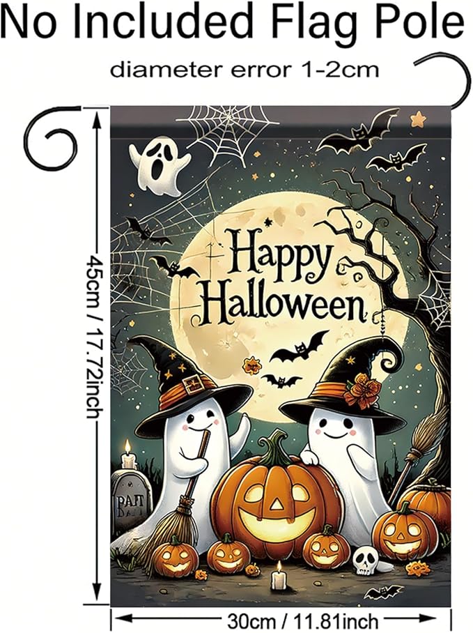 Halloween Garden Flag Funny Ghost Pumpkin Witch Hat Outdoor Yard Decoration Happy Halloween Banner 12x18 Inch Double Sided Holiday House Lawn Flag Vertical Seasonal Yard Sign Decor