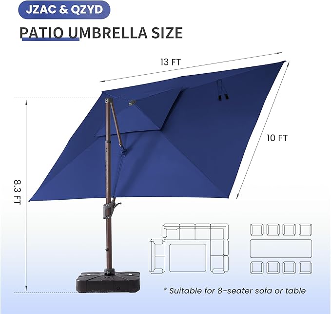 JZAC & QZYD 10 X 13 FT Cantilever Patio Umbrella with Base Included Outdoor Large Offset Double Top Heavy Duty Rectangle Umbrellas with 360° Rotation for Deck Backyard Garden, Navy