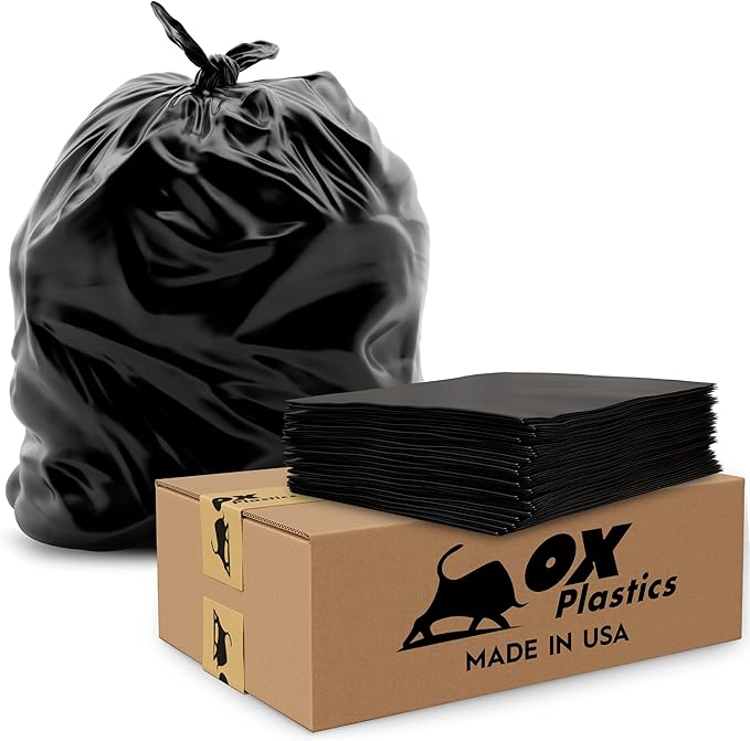 Ox Plastics Trash Can Liners Bags - 60 Gallon Capacity & 3mil Thick Extra Heavy Duty Strength - 50 Large Garbage, Leak-Proof & Durable, House & Commercial Use Bags Black