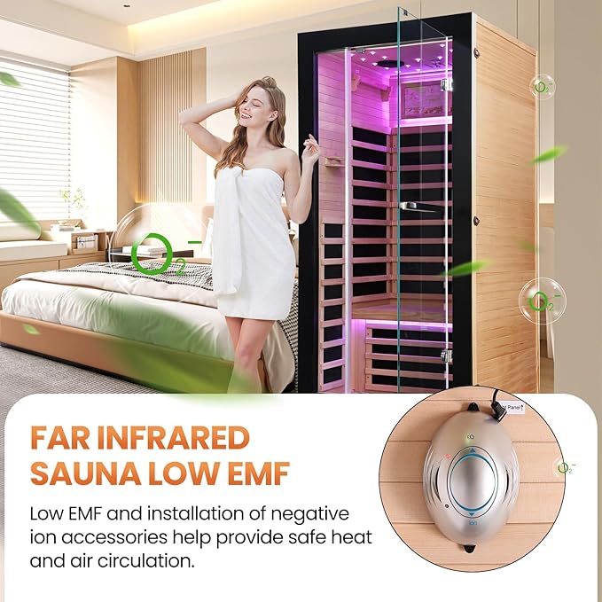 Far Infrared Sauna Home Sauna Indoor 1 Person Hemlock Wood Saunas 1450W 120V with Red Light Bluetooth Speakers 35.4"x35.4"x70.9"