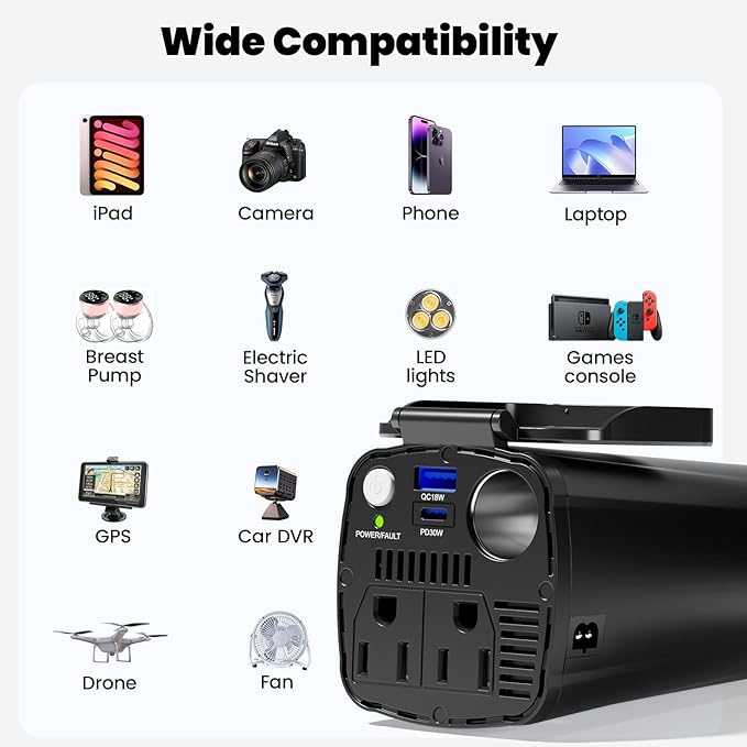 BESTEK 200W Power Inverter, 12V DC to 110V AC Car Plug Adapter Outlet Converter with [30W USB-C]/USB-Fast Charger(18W) / Dual AC Outlets/car Charger for Laptop