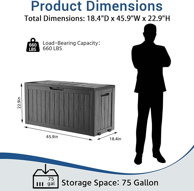 Deck Box Outdoor with 75 Gallon, Rollers for Mobility, Handles Waterproof Storage Box with Lockable for Store Garden Tools Backyard, Multi-Functional Seat & Table, Black