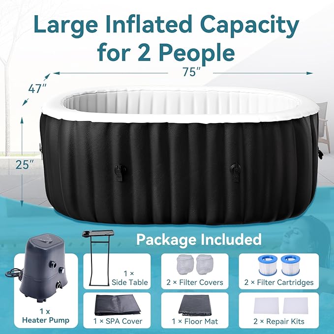 Inflatable Hot Tub with LED Lights, 2 Person Oval Portable Blow up Hot Tub Spa with Side Table, Leak-Proof PVC Outdoor Spa with 100 Air Jets, Heater Pump and Insulated Cover, 75” L X 47”W X 25”H