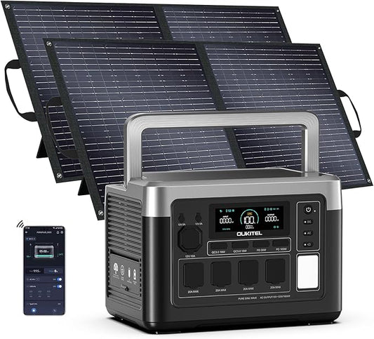 OUKITEL P1000 Plus 1800W/1024Wh Power Station with 2x100W Solar Panel, 1200W Fast Charging, Solar Generator with 4 AC Outlets (3600W Peak), APP Control Battery Backup for Home, Camping & RVs