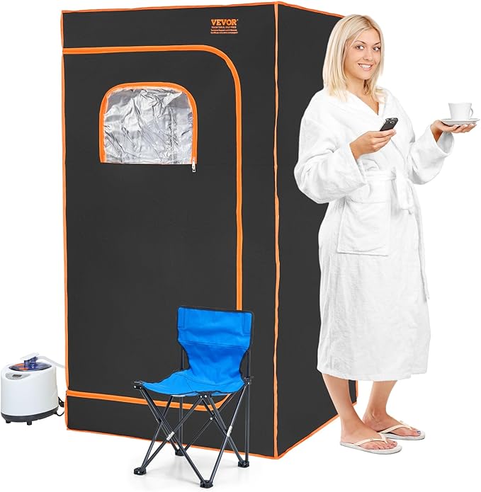 VEVOR Portable Steam Sauna Tent Full Size, 1200W with Visible Window, Personal Sauna Blanket Kit for Home Spa,Heated Body Therapy,Time&Temperature Remote Control with Chair,Black, 2.9’x 2.9’x 5.2’