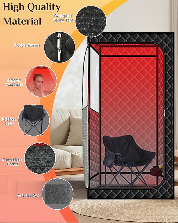 Smartmak Portable Sauna with Infrared 660nm Red Light Therapy Lamp for Home Relaxation, Personal Large Full Body Sauna Spa Tent, 185°F1500W High Power Hot Air Saunas, Folding Chair Indoor Use