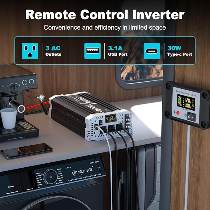 3500 watt Pure sine Wave Inverter, 12V DC to 110V AC Power Inverter, Used for Solar Emergency Power Supply in RV Homes, with 3 AC Output sockets, USB Port, Type-C Port, Remote Control with LCD Screen