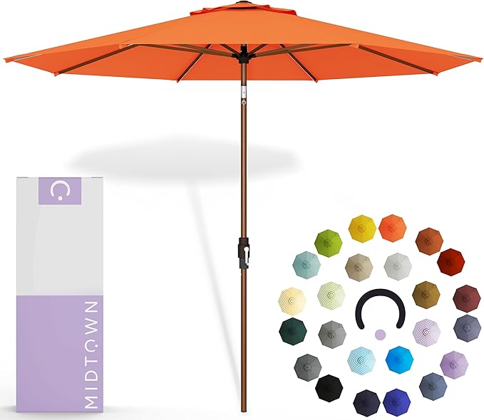 Midtown Umbrellas Wooden 2-9 Feet Outdoor Patio Umbrella, Terylast Bright Orange Fabric, Aluminum Frame For Backyard Umbrella, Deck Umbrella, Garden Umbrella & Pool Umbrella - Wooden Pole