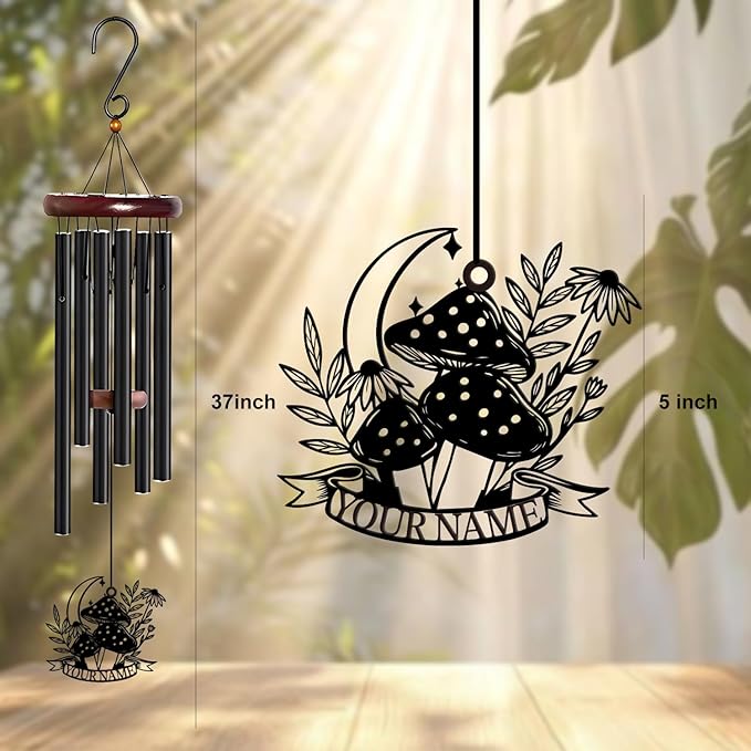 Personalized Customize Name Fantasy Mushroom Wonderland Wind Chime, Metal Iron 37 Inch Outdoor Memorial Gift for Garden Yard Patio Home Decor, Black (Style D)