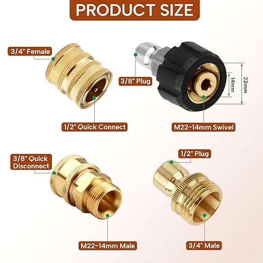 Pressure Washer Adapter Set, Pressure Washer Quick Connect Fittings, Set Quick Connect Kit with M22 Swivel to 3/8'' Quick Connect, 3/4" to Quick Release, M22-14 Fittings, 8 PCS