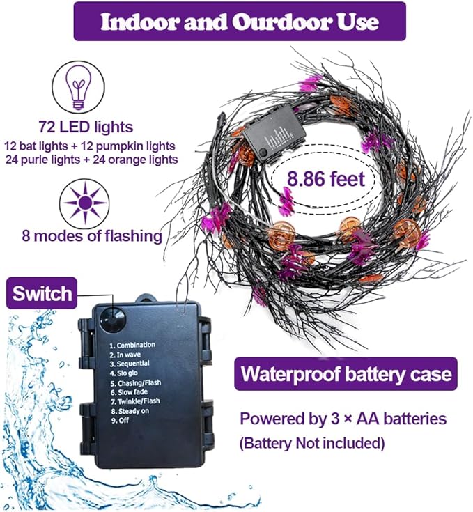 Halloween Garland with Lights 8.86FT 72LED Willow Vine Twig with Timer Black Garland Lights with Orange Pumpkins Purple Bats and Black Leaves Dead Branches Halloween Decorations Indoor Outdoor