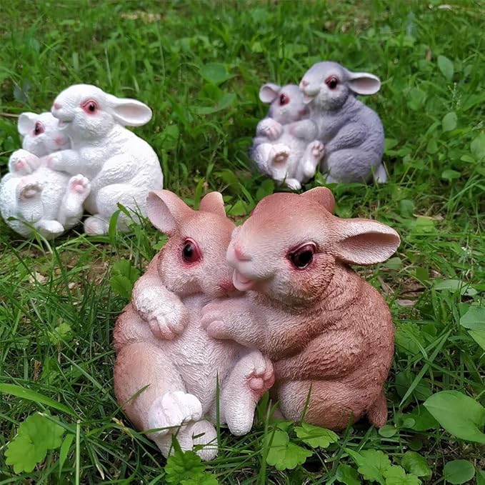 Garden Statues Bunny Decor Resin Hug Rabbit Figurine Cute Fairy Garden Decor Outdoor Statues for Patio Yard Porch Balcony Gifts for Women Mom Grandma Grey