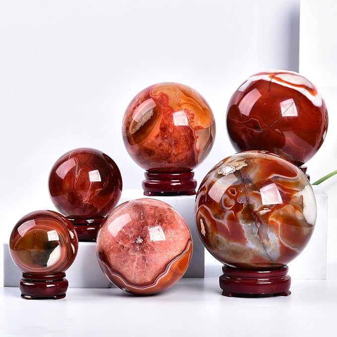 JIC Gem Natural Red Agate Crystal Ball Round Healing Crystals Decorative Sphere with Wooden Stand Meditation Home Decor 2.3-2.7 inch (60-70mm)