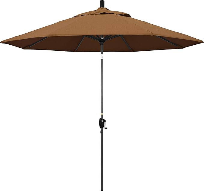 California Umbrella 9' Round Aluminum Market Umbrella, Crank Lift, Push Button Tilt, Black Pole, Sunbrella Teak