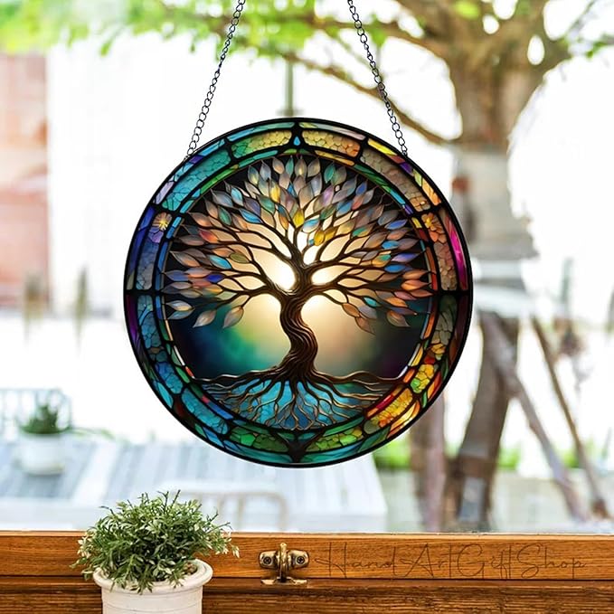 Colorful Tree of Life Suncatcher -7.9 in Stained Glass Window Hanging Catcher Garden Decor