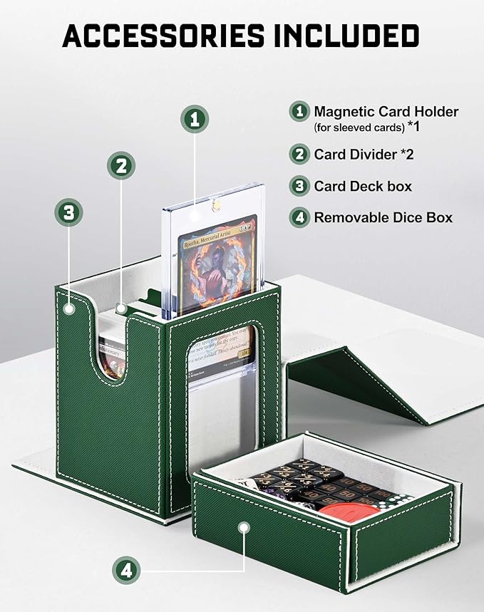 ZLCA Card Deck Box with 2 Dividers, Deck Storage Case Fits 100+ Single Sleeved, PU Leather TCG Card Case Holder for Magic Commander Yugioh (Green& White)